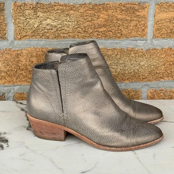 Joie Leather Metallic Gold Wood Stacked Block Heel Point Toe Ankle Boots Sz 37.5 - Picture 1 of 11